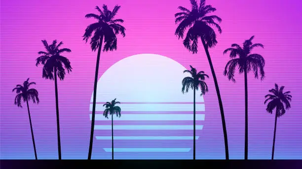 Vector illustration of Synthwave retro background - palm trees