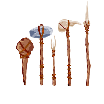 Caveman Using Primitive Tools Prehistoric Weapons Set Of Caveman Tools Primitive Spear And Stone Axe ...