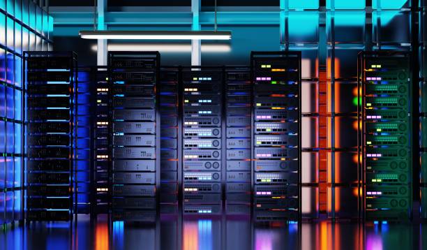 istock Server room  with lots of computer and neon lights.  Data center with racks and supercomputers.  3D rendering illustration 1463093455