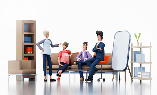 Office with lots of working people, big business team working together in open plan working space. 3D rendering illustration