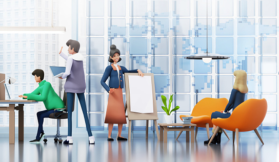 Office with lots of working people, big business team working together in open plan working space. 3D rendering illustration