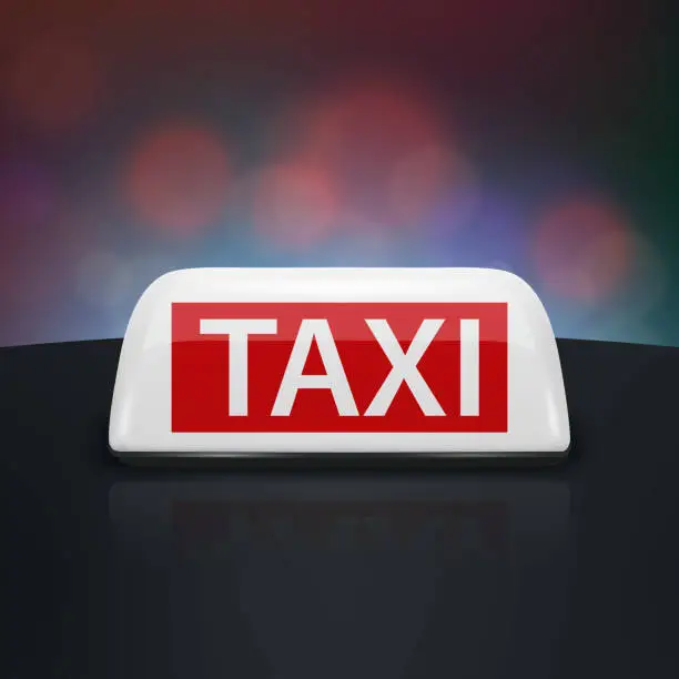 Vector illustration of Vector 3d White and Red Taxi Car Sign Closeup on the Black Roof, Blurred City Colorful Background. French White Taxi Sign, Design Template for Taxi Service. Front View