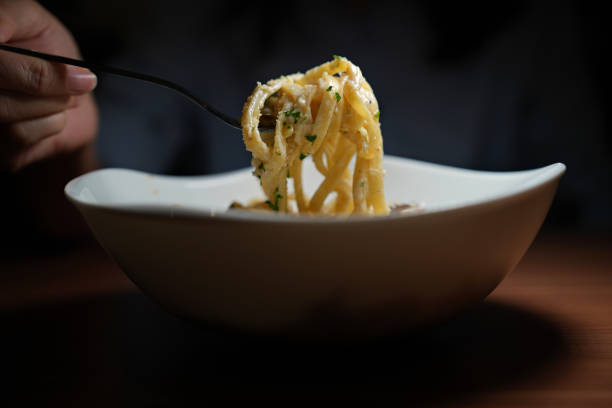 A Plate Of Vegetarian Or Vegan Italian Pasta Creamy Mushroom Fettuccine Alfredo