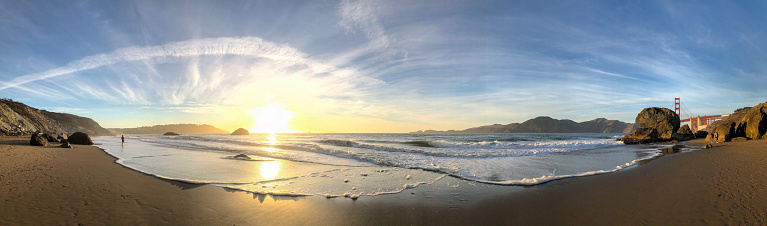 A 180-degree (panorama) view during the sunset of Marshall's Beach on the Golden Gate Bridge in San Francisco