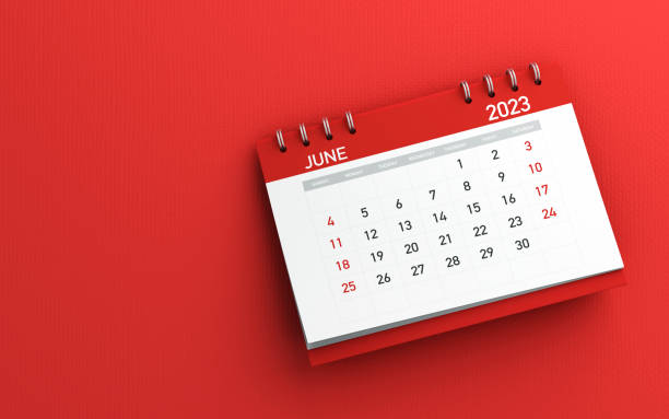 3d rendering 2023 June Desk Calendar on Red Background stock photo 3d illustration. 2023 June Desk Calendar on Red Background stock photo. Horizontal composition with copy space. Directly above. Calendar and reminder concept. june 1 stock pictures, royalty-free photos & images