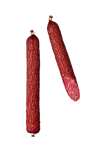 Smoked salami sausage isolated on white background. Photo for advertising