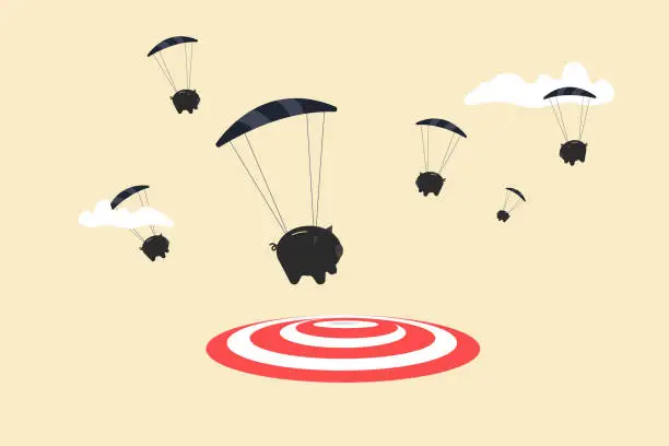 Vector illustration of piggy bank with parachute landing on the target. concept of goal, opportunity and success