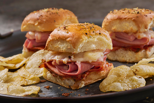 Pizza Sliders on Hawaiian Buns with Ham, Pepperoni, Salami, Mozzarella Cheese, Pizza Sauce and Kettle Cooked Potato Chips