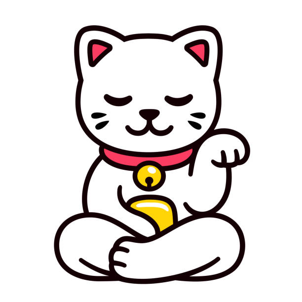 urocza kreskówka medytująca kot maneki neko - yoga lotus zen like buddhism stock illustrations