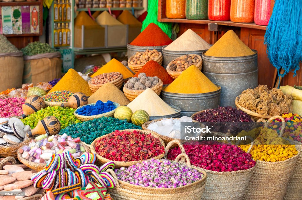 Colorful spices and dyes found at souk market in Marrakesh, Morocco. Marrakesh Stock Photo