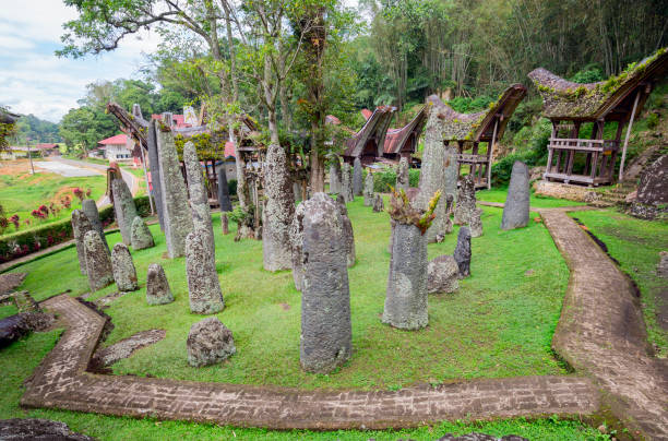 sitio de ceremonia con megalitos. bori kalimbuang o bori parinding. es una combinación de terrenos ceremoniales y entierros. tana toraja. sulawesi del sur, indonesia - megalith fotografías e imágenes de stock
