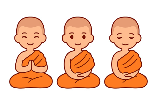 Cute cartoon Thai boys as Buddhist monks sitting in meditation. Child novice apprentice in Southeast Asia Theravada buddhism. Vector illustration set.