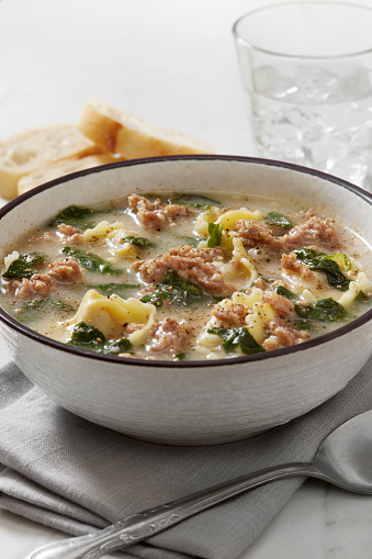 Creamy Cheese Tortellini with Spicy Italian Sausage Soup with Spinach and Fresh Bread