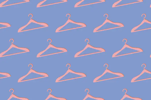 Vector illustration of Pink clothes hangers on a blue background. Beautiful seamless pattern for clothing stores, sales, flyer design, posters, labels, seasonal shopping