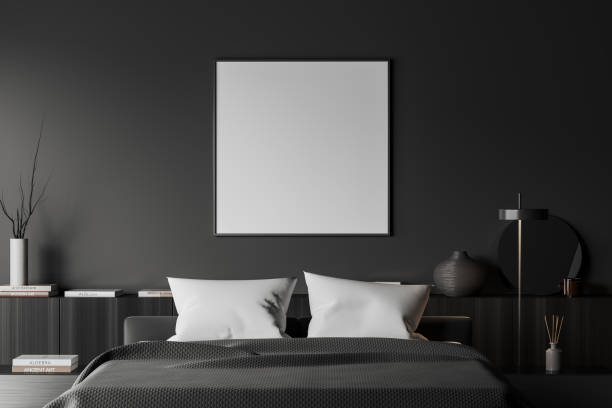 istock Front view on dark bedroom interior with empty white poster 1463117117
