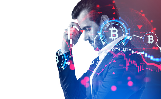 Thoughtful businessman profile, cryptocurrency hologram with red lines and earth sphere. Bitcoin crisis and financial analysis hologram. Concept of bitcoin fall. Copy space