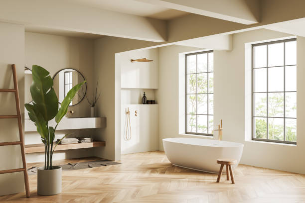 istock Light bathroom interior with bathtub and douche, washbasins and panoramic window 1463117821