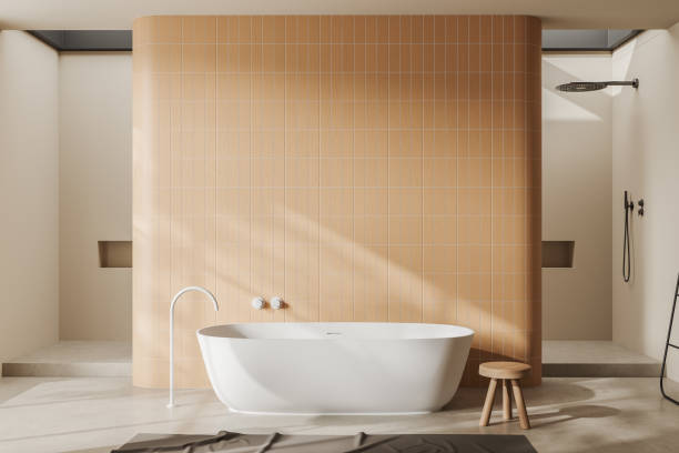 istock Front view on bright bathroom interior with large bathtub 1463117859