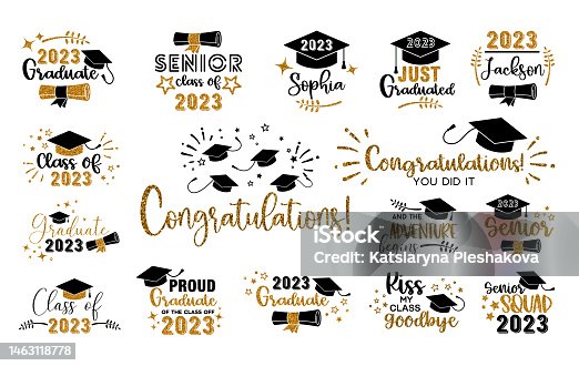 istock Graduation congratulations at school, university or college . Trendy calligraphy inscription with gold glitter 1463118778
