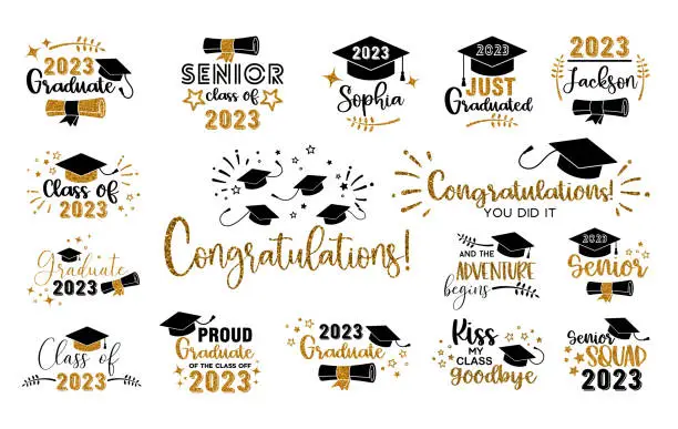 Vector illustration of Graduation congratulations at school, university or college . Trendy calligraphy inscription with gold glitter