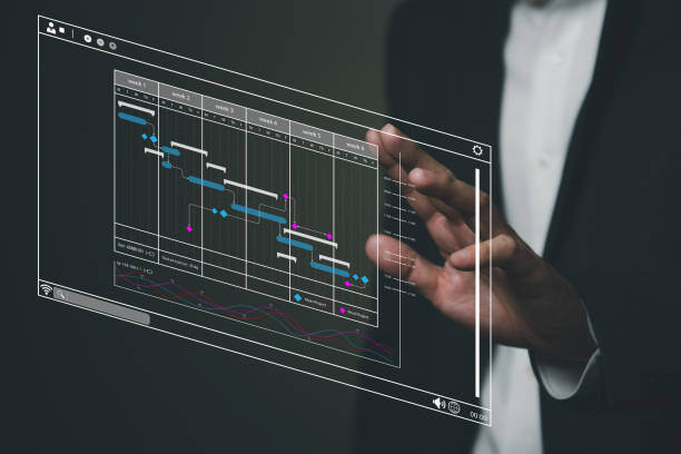 geschäftsleute mit anzug, die ein digitales tablet verwenden, um auf daten und dashboards zuzugreifen, die die implementierung und den zeitplan der produkteinführung oder der geschäftsstrategie und -planung zeigen. - automatisiert grafiken stock-fotos und bilder