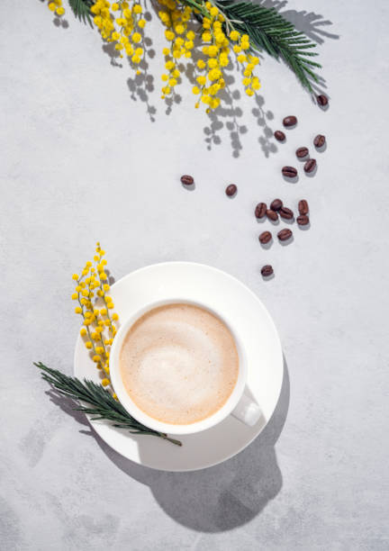 istock Cappuccino or latte with milk foam in a white cup on a light blue background with coffee beans and  yellow mimosa flowers. 1463121894