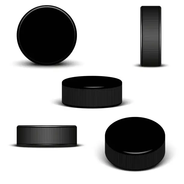 Vector illustration of Hockey puck isolated on white background 3d realistic vector objects, set of different positions: front, side, isometric view.