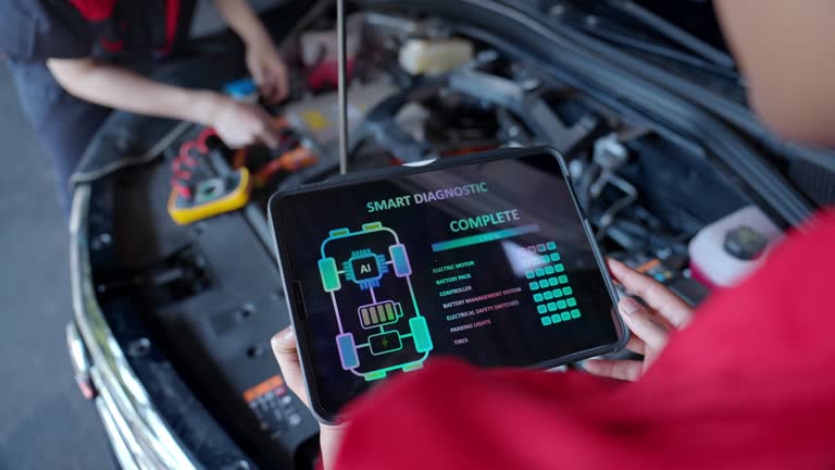 Automobile computer diagnosis. Two car mechanic engineers looking for engine failure on diagnostics equipment using digital tablet in vehicle service workshop. Electric vehicle. EV car.