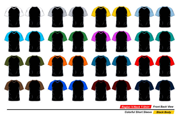 istock Raglan v-neck t-shirt, front and back view, colorful short sleeve, black body 1463122602