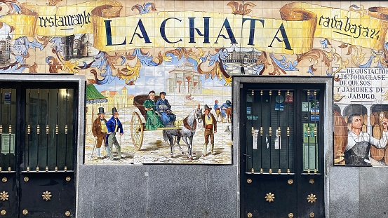Madrid, Spain – January 6, 2023: Façade of Bar La Chata in Calle de la Cava Baja, Madrid.