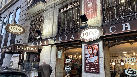 Madrid, Spain – January 6, 2023: Churrería Chocolatería 1902 in Madrid.