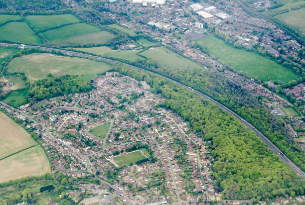 Aerial View of Flackwell Heath, High Wycombe, Buckinghamshire Aerial view of the Flackwell Heath district of High Wycombe in Buckinghamshire on a Spring afternoon.  The area has many sport facilities including a football club, tennis club and netball centre. m40 sniper rifle stock pictures, royalty-free photos & images