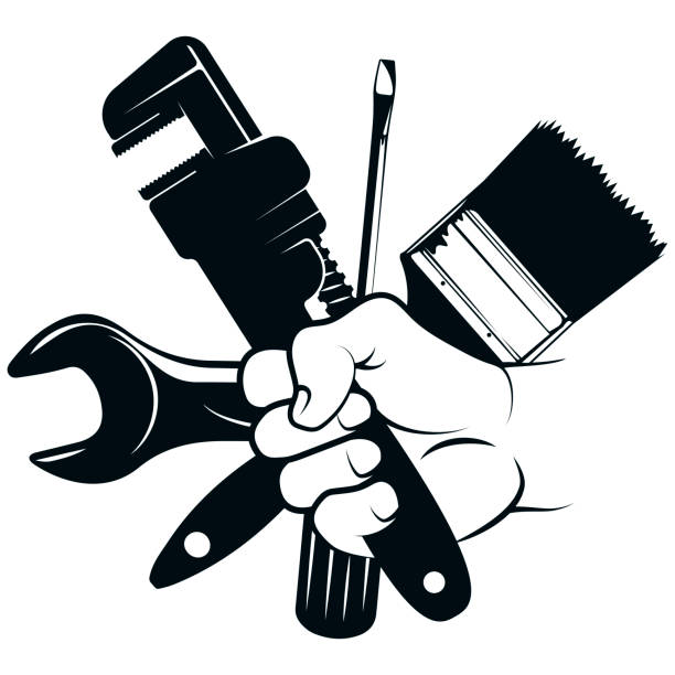 Wrench in hand screwdriver brush, repair and service sign Wrench in hand repair and service sign. Tool for repair and maintenance handyman stock illustrations