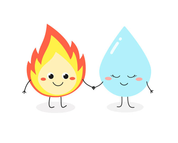 niedliche feuerflamme und wassertropfen händchen halten - condensation smiley face water raindrop stock-grafiken, -clipart, -cartoons und -symbole