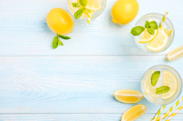 istock Cold refreshing summer drink with lemon and mint on light blue wooden background. 1463135475