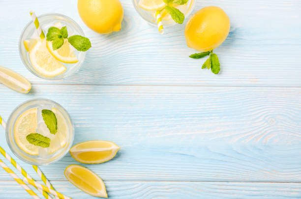 istock Cold refreshing summer drink with lemon and mint on light blue wooden background. 1463135476