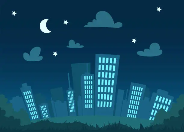 Vector illustration of Flat cityscape at the nigh with clouds, moon, stars. Modern town skyline panoramic vector background. City tower skyscraper illustration. Urban silhouette with park.