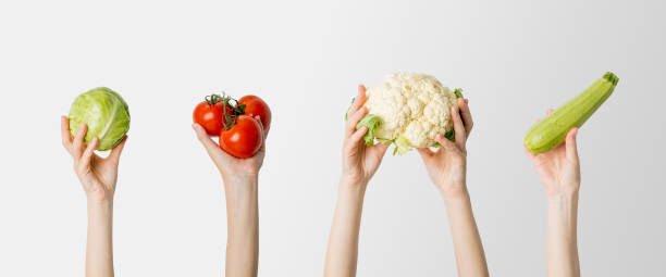 istock Collage with female hands holding cabbage, tomato, cauliflower, zucchini, on white background. Banner 1463142116