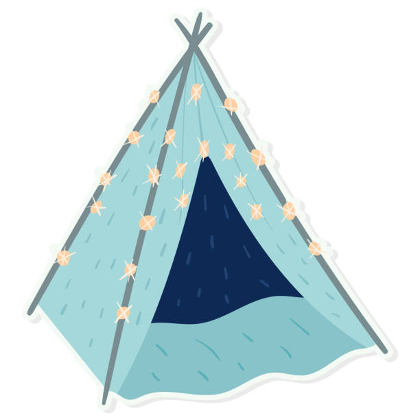 ilustraciones, imágenes clip art, dibujos animados e iconos de stock de los niños juegan a la tienda wigwam en estilo escandinavo, pegatina de dibujos animados vectoriales aislados. - teepee