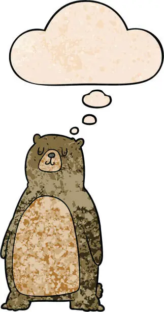 Vector illustration of cartoon bear with thought bubble in grunge texture style