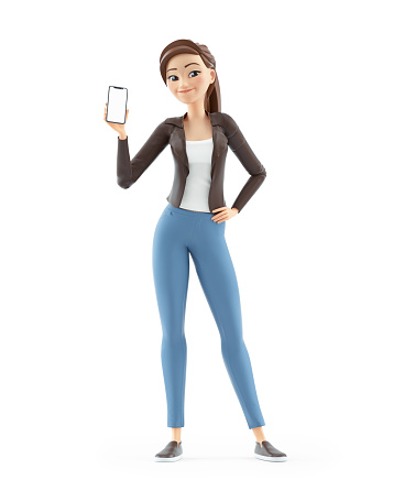 3d cartoon woman showing her smartphone, illustration isolated on white background