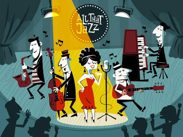 Vector illustration of Cartoon jazz concert. Music festival, public stage performance, musicians in club, funny band, vocalist girl, saxophonist, funny pianist and guitarist, comic characters, tidy vector concept