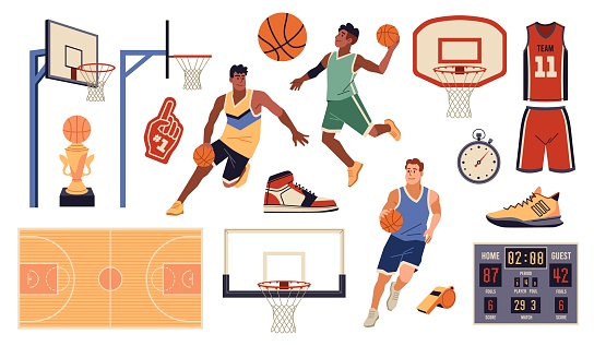 Basketball elements. Cartoon sport objects and group of players in uniforms and sneakers, playing field, ball, basket and electronic scoreboard, professional championship, tidy vector isolated set