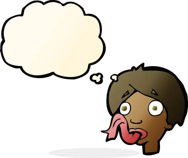 Vector illustration of cartoon head sticking out tongue with thought bubble