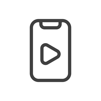 Smartphone, Video, Play, Movie, Music, Audio, Podcast Line Vector Icon on White Background. Editable Stroke. Pixel Perfect. For Mobile and Web. Outline Vector Graphics.