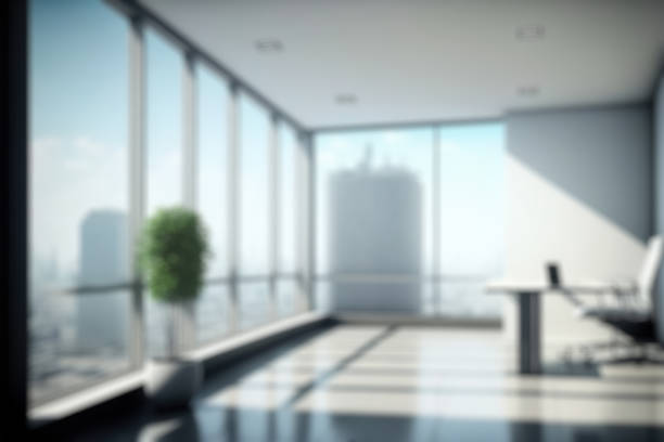 Blur background of empty modern office background in city center . Workspace interior design . Clean and bright office gallery background