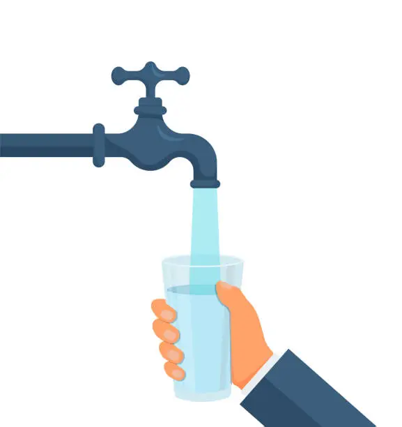 Vector illustration of Water tap with glass. Filling cup beverage. Vector illustration.