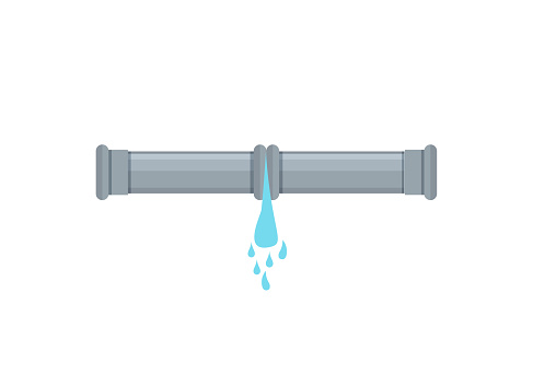 Broken metal pipe with leaking water, flat style vector illustration. Part of the pipeline. Eps 10