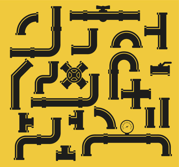 Pipe fittings vector icons set. Tube industry, construction pipeline, drain system, vector illustration. Pipe fittings vector icons set. Tube industry, construction pipeline, drain system, vector illustration. Eps 10 pipe silhouettes stock illustrations