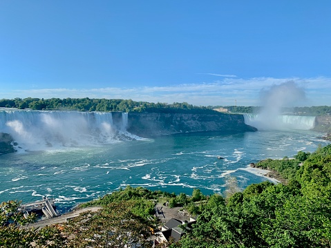 View of US Bridal Falls and Canadian Horshoe Falls on a warm summer day in Niagara Falls, Canada